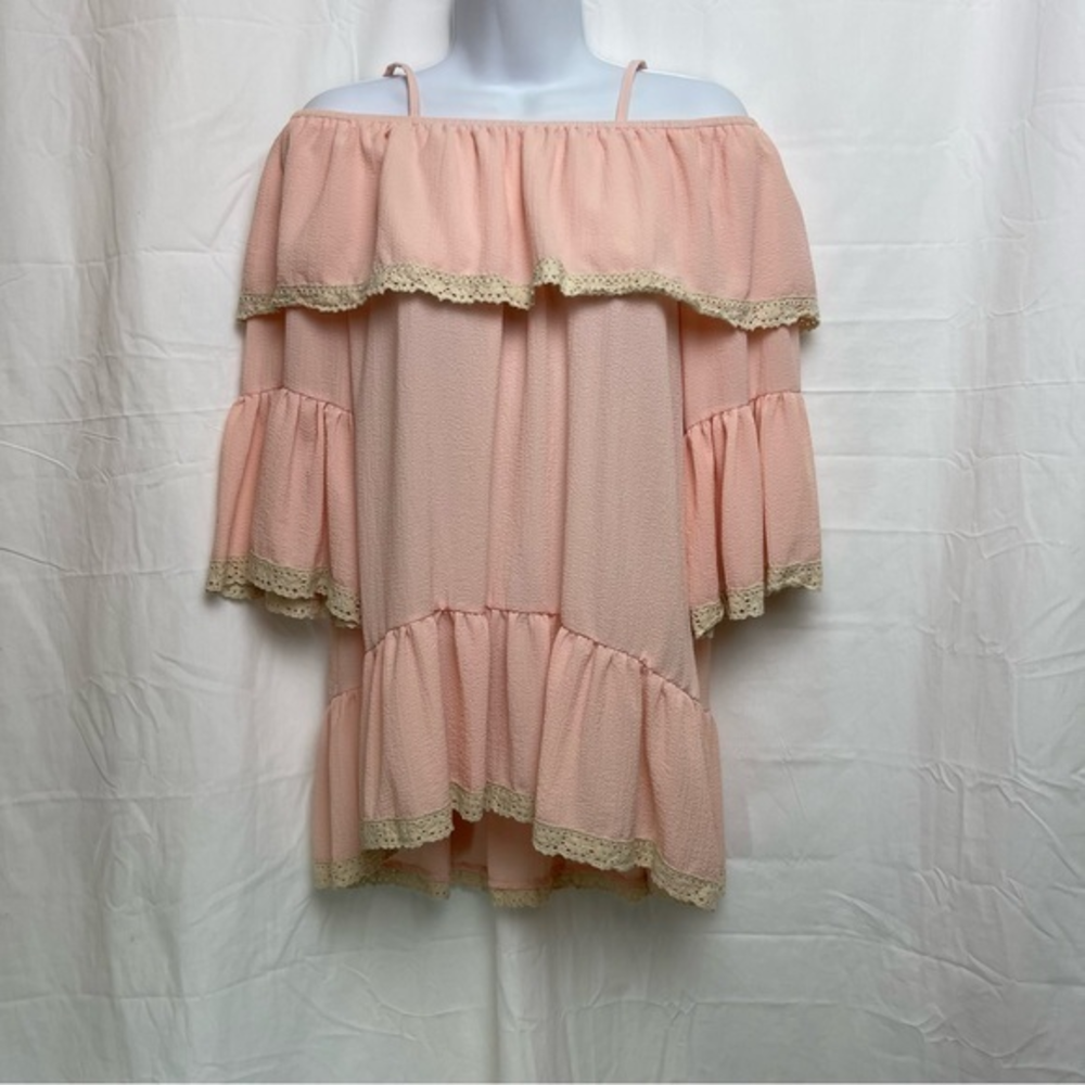 Mirror Image Pale Pink with Tan Lace Blouse Off Shoulder adjustable Strap Sz.Med